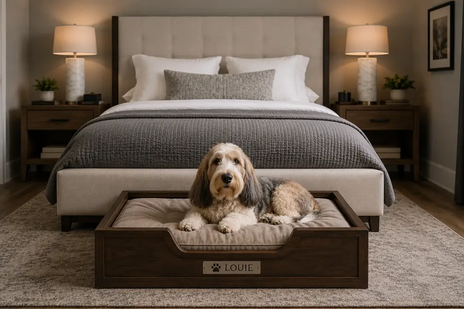 Basset Griffon Vendéen resting in a custom dog bed centered at the foot of a master bed in a cozy, modern bedroom.