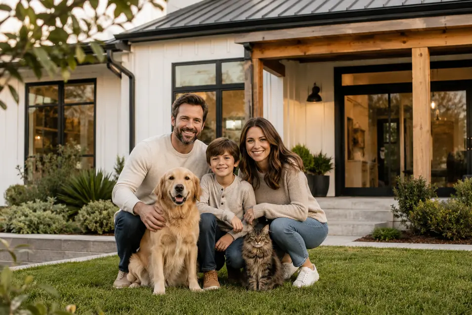Smiling family with a golden retriever and tabby cat posed on a lush lawn in front of a modern farmhouse, warm evening light, magazine-quality realism.