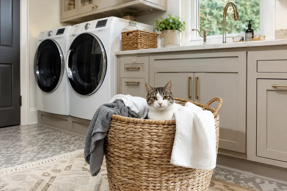 Photorealistic luxury laundry room with white shaker cabinets, stone countertops, and front-loading washer and dryer. A relaxed tabby-and-white cat sits inside a woven laundry basket filled with soft towels in the foreground, illuminated by natural light from a nearby window. The upscale space features brass hardware, patterned tile flooring, and a clean, elegant design.