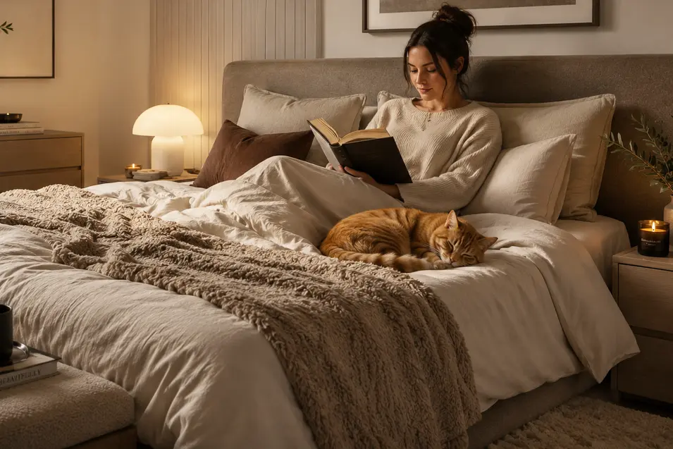 woman reading while her cat sleeps