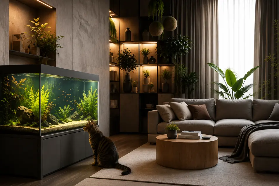 Modern living room with a planted aquarium, curious cat watching fish, lush indoor plants, warm lighting, and contemporary furnishings.