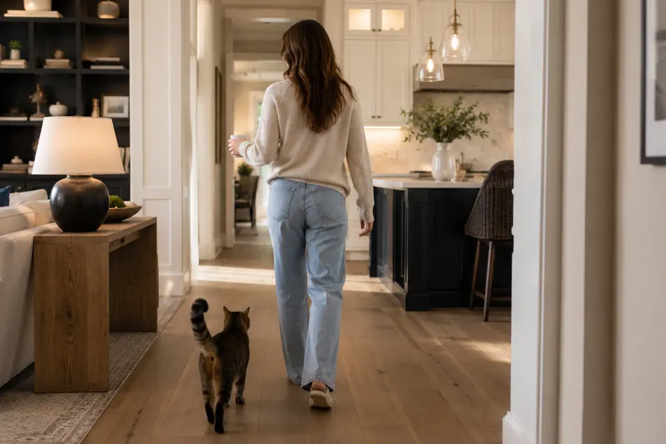 Woman walks toward a modern kitchen in a luxury home while a tabby cat follows closely behind, illustrating a cat's loyal and curious nature.
