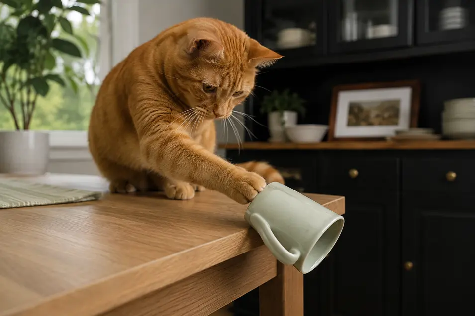Orange tabby cat pushes a coffee mug off a wooden table, capturing the curious behavior behind why cats knock things off surfaces.