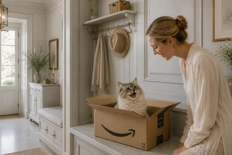 Happy cat sitting in a cardboard shipping box while a smiling woman looks on in a bright Gustavian-style home with elegant, timeless décor.