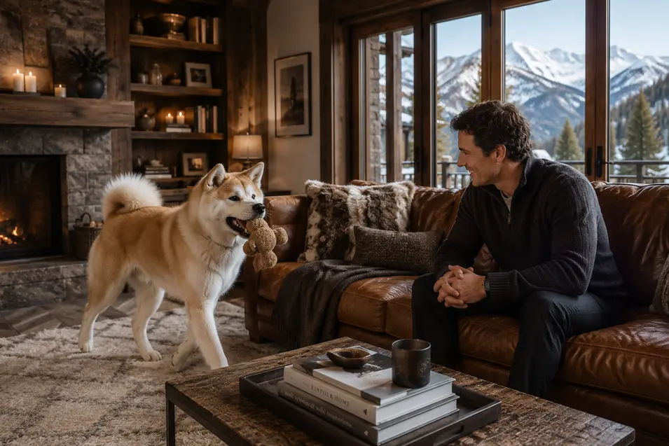 Happy Akita carries a favorite toy to a smiling man on a leather sofa in a luxurious Alpine Chic mountain home with cozy lodge-style décor.