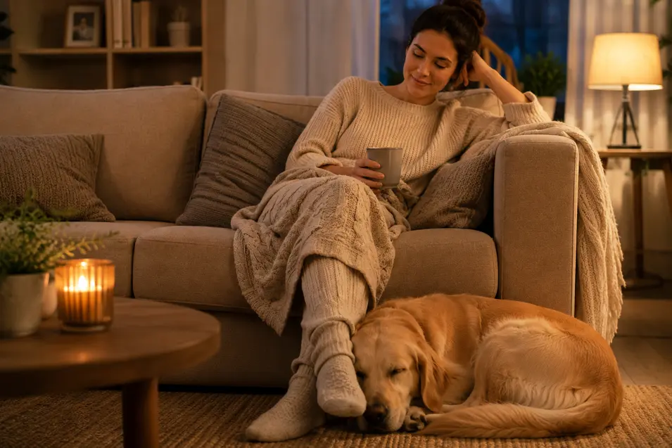 Woman relaxes on a sofa with a warm drink while a golden retriever sleeps curled up on her feet in a cozy, softly lit living room.