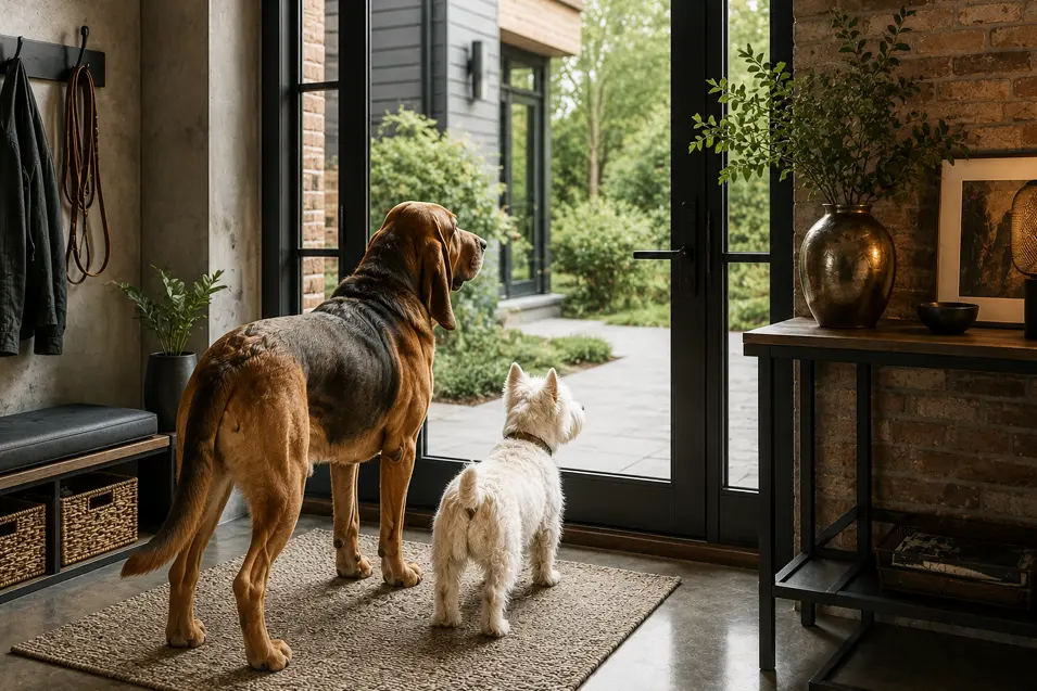 Bloodhound and West Highland White Terrier standing side by side at a large glass front door in a luxury industrial-style entryway, watching the outdoors. The sophisticated space features exposed brick walls, concrete floors, black steel-framed windows, custom storage benches, woven baskets, indoor plants, and warm ambient lighting that creates a welcoming atmosphere.