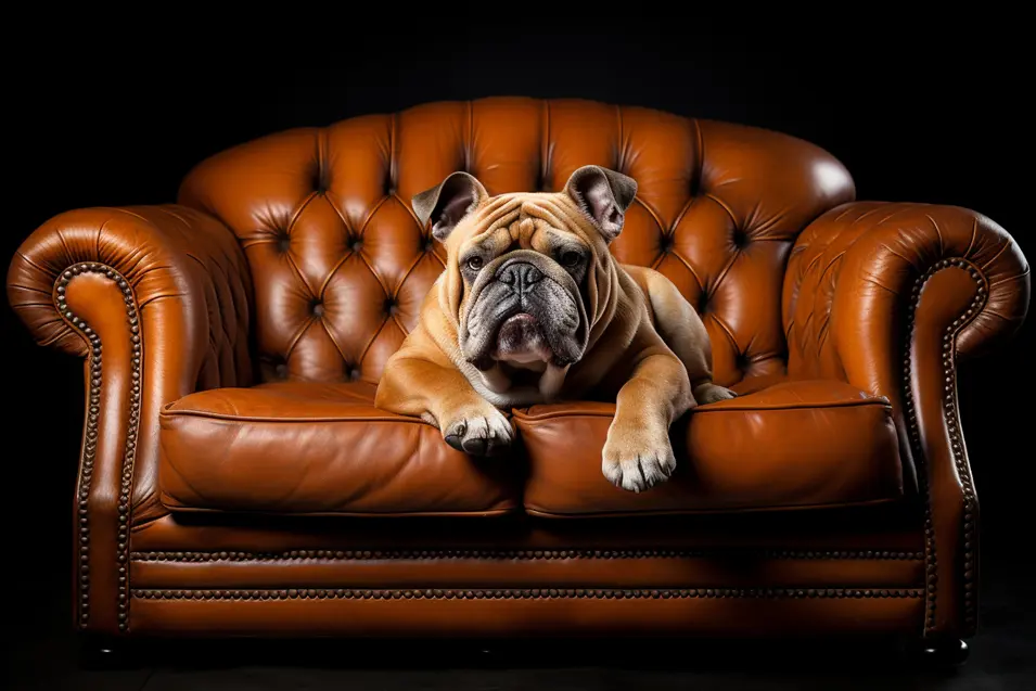 English Bulldog lounging on a tufted brown leather Chesterfield sofa against a black background.