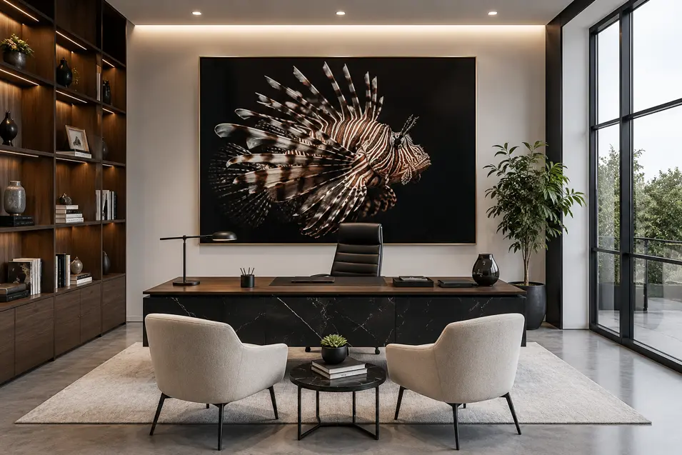 Modern executive office with sleek designer furniture, warm wood accents, and a dramatic oversized lionfish artwork creating a bold coastal luxury focal point.