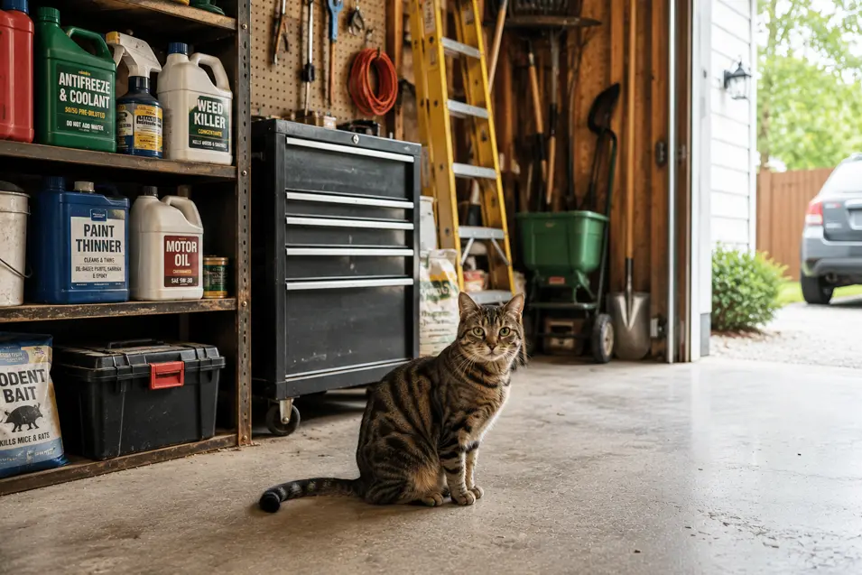 Orange tabby cat sitting in a rustic garage near shelves stocked with antifreeze, motor oil, rodent bait, and other hazardous materials, illustrating common garage dangers for cats.