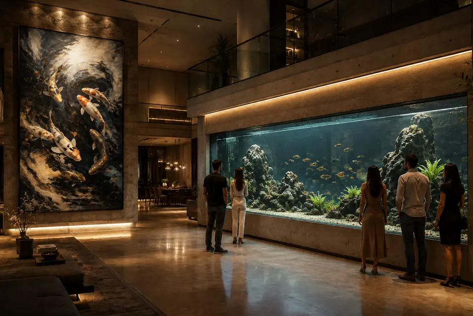 Five people viewing a large built-in aquarium beside a dramatic fish artwork in a luxury modern atrium with high ceilings and ambient lighting.