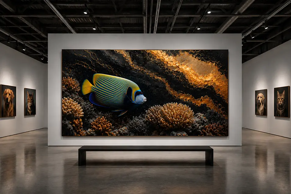 Photorealistic industrial gallery with white walls, a long steel bench, pet portraits, and a dramatic emperor angelfish reef artwork as the stunning centerpiece.