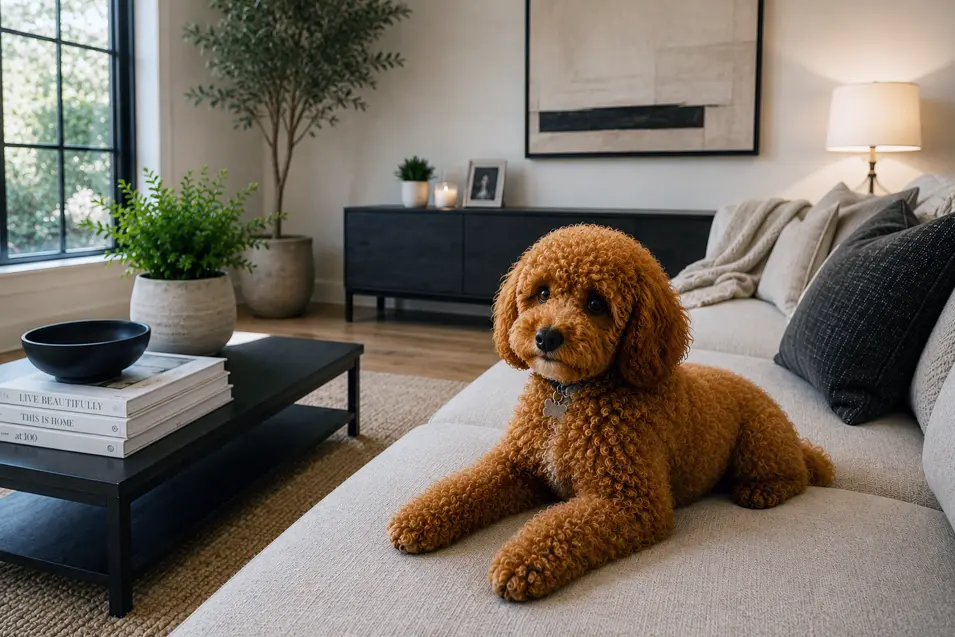 Curly-haired puppy relaxing on a modern beige sofa in a bright, stylish living room with warm natural light, neutral décor, and a calm, cozy atmosphere.