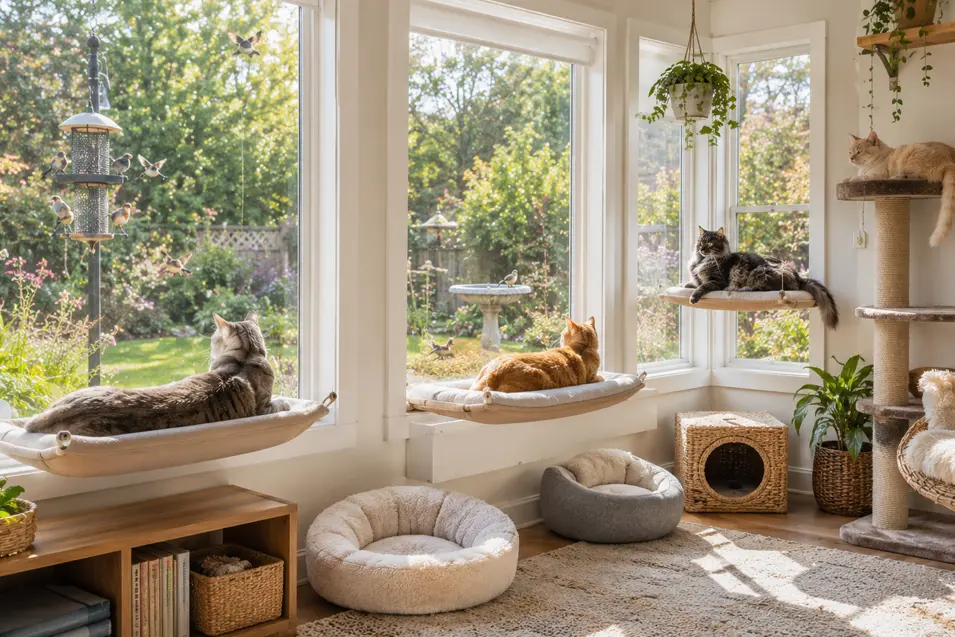 Sunny cat room with multiple window perches, relaxed cats lounging and birdwatching, surrounded by cozy beds, cat furniture, and garden views.
