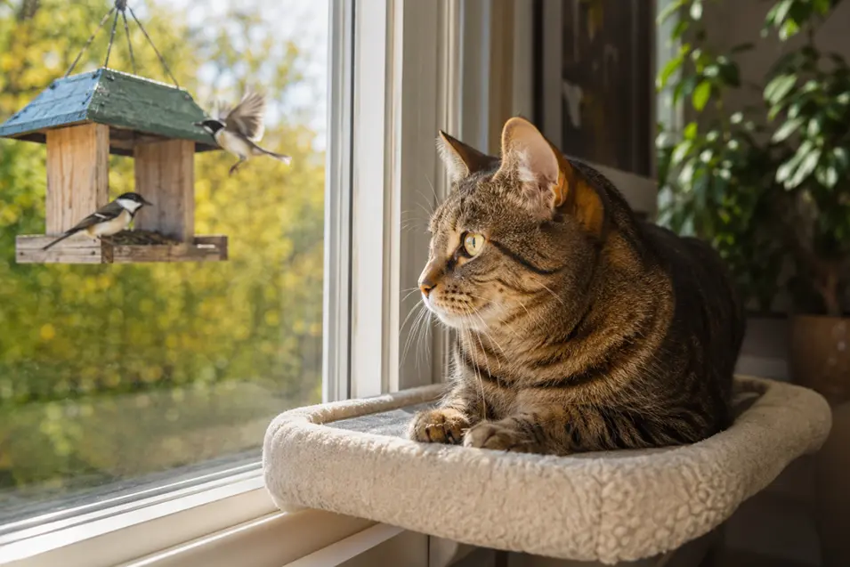 Relaxed tabby cat resting on a window perch, watching birds at an outdoor feeder in warm afternoon sunlight.