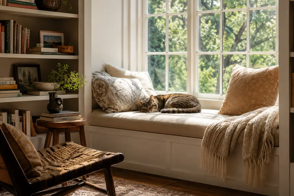 Sleeping tabby cat on a sunlit built-in window seat, framed by bookshelves and cozy cushions, in a warm, photorealistic reading nook.