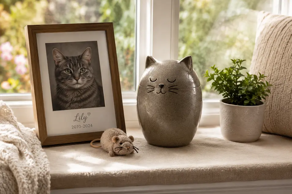 Memorial window bench featuring a framed cat portrait, cat-shaped urn, favorite toy mouse, and potted plant in soft natural light.