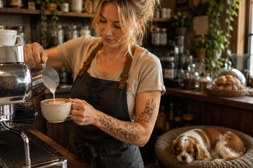 A barista pours latte art while a Cavalier King Charles Spaniel naps nearby, her delicate dog tattoos reflecting a love of coffee and canine companions.