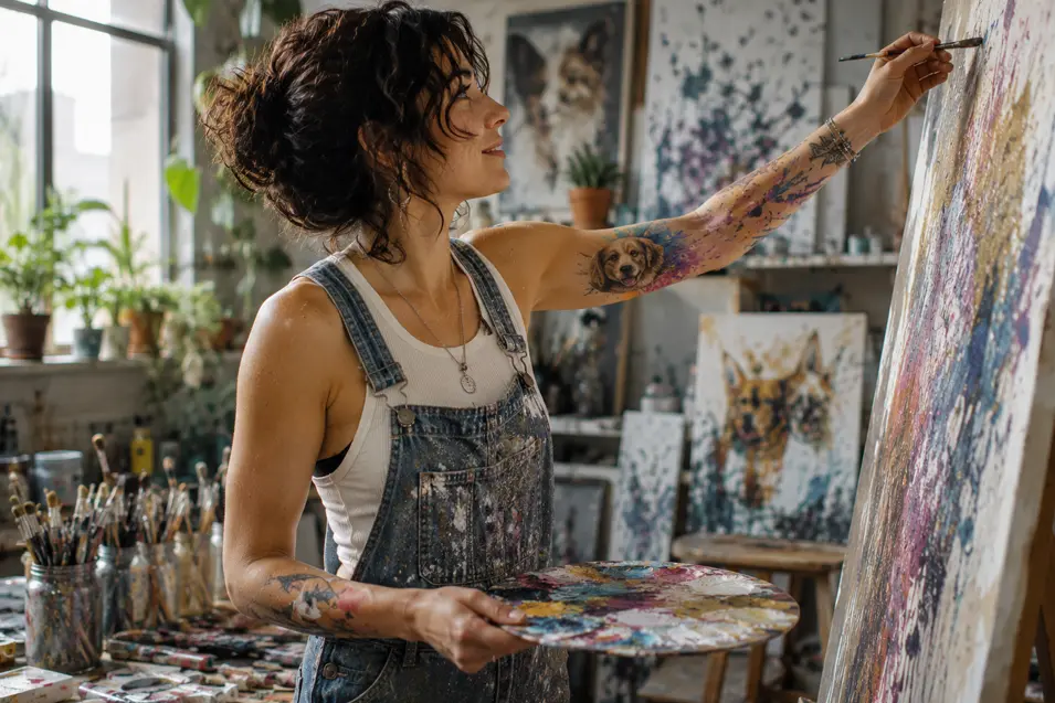 An artist paints in her studio, showcasing a colorful dog portrait tattoo that celebrates creativity and a lifelong love for canine companions.