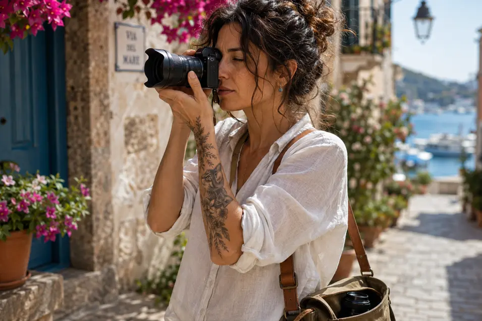 A travel photographer captures a charming seaside village, her floral dog tattoo reflecting a love of adventure and loyal canine companions.
