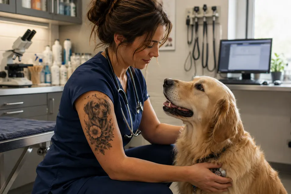 A veterinarian comforts a happy Golden Retriever during an exam, while a beautiful dog portrait tattoo on her arm reflects her love for animals.