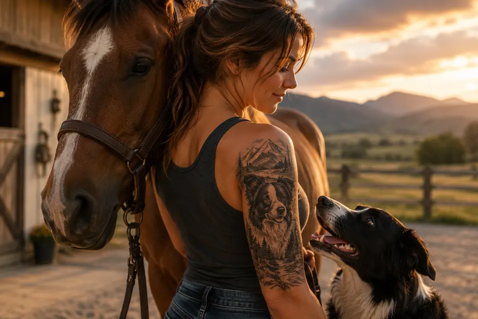 A woman stands beside her horse as her Border Collie looks up at her, showcasing a stunning mountain-inspired dog tattoo during a golden sunset on the ranch.