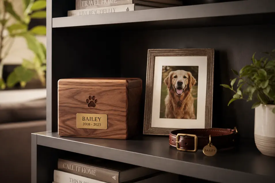 Wooden dog urn with paw print detail displayed on a modern bookshelf beside a framed dog portrait and collar, accented by books and a potted plant.