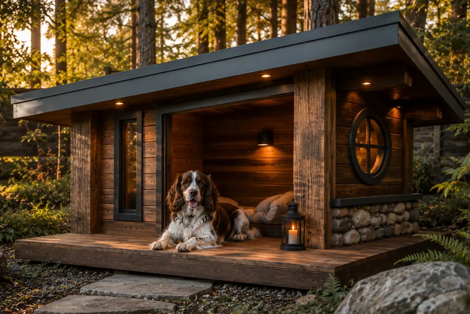 Rustic modern cabin dog house with rich timber, stone accents, a covered porch, and warm lighting, featuring a happy English Springer Spaniel.