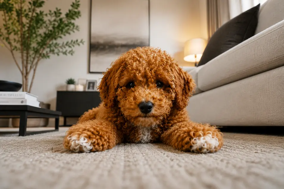 Curly-haired puppy lying on a cozy rug, photographed from ground level in a modern living room with warm lighting, soft textures, and a calm, inviting feel.