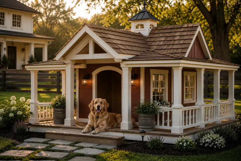 Charming farmhouse dog house with a friendly Golden Retriever, wraparound porch, cedar shake roof, classic details, and a beautifully landscaped yard.