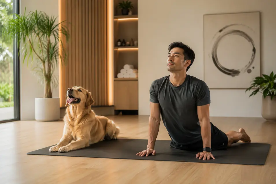 Man practicing yoga on a mat in a modern wellness room with natural light and minimalist decor, while a golden retriever relaxes beside him.