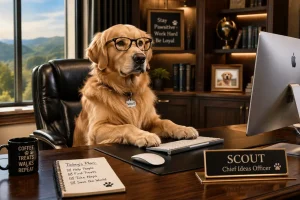 Golden Retriever wearing glasses and sitting at a desk in a home office, posed as a “Chief Ideas Officer” in front of a computer.