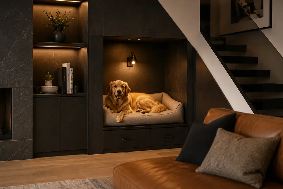 Golden Retriever in a custom built-in dog bed beneath a staircase in a modern luxury living room with warm lighting and dark cabinetry.