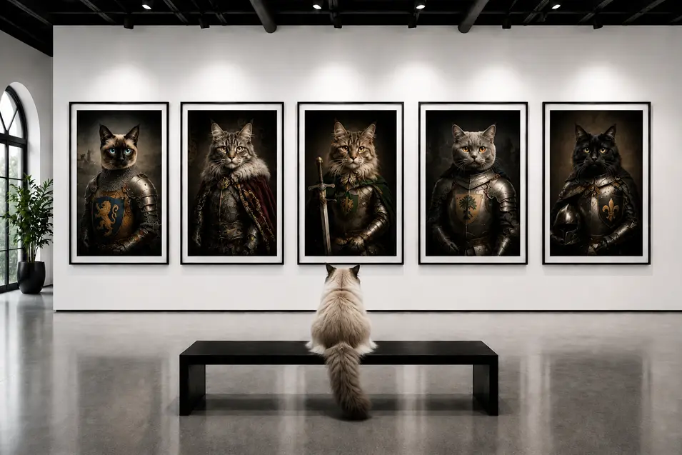 Elegant gallery featuring five framed medieval cat knight portraits, viewed by a fluffy Ragdoll cat on a bench beneath dramatic museum lighting.