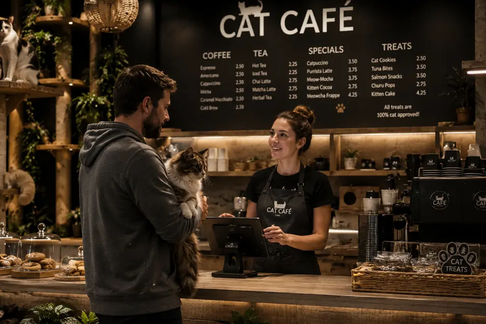 A guest holds their cat while ordering coffee at a stylish indoor cat café, with cozy décor, playful felines, and a warm, welcoming atmosphere.