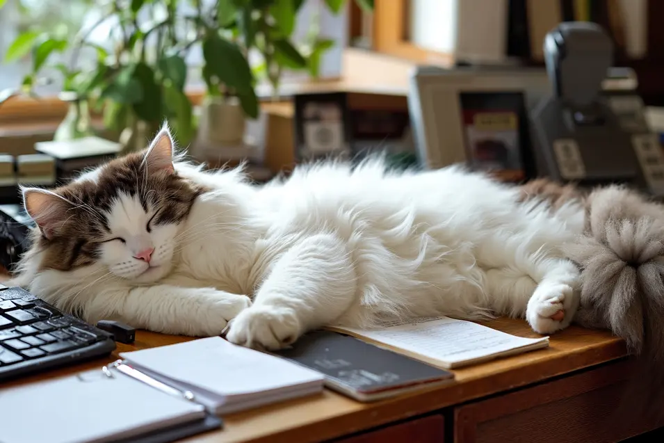 fluffy cat on desk