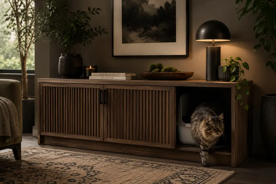 Modern wooden cabinet conceals a cat litter box in a cozy living room, styled with plants, books, and warm lighting as a cat steps out.