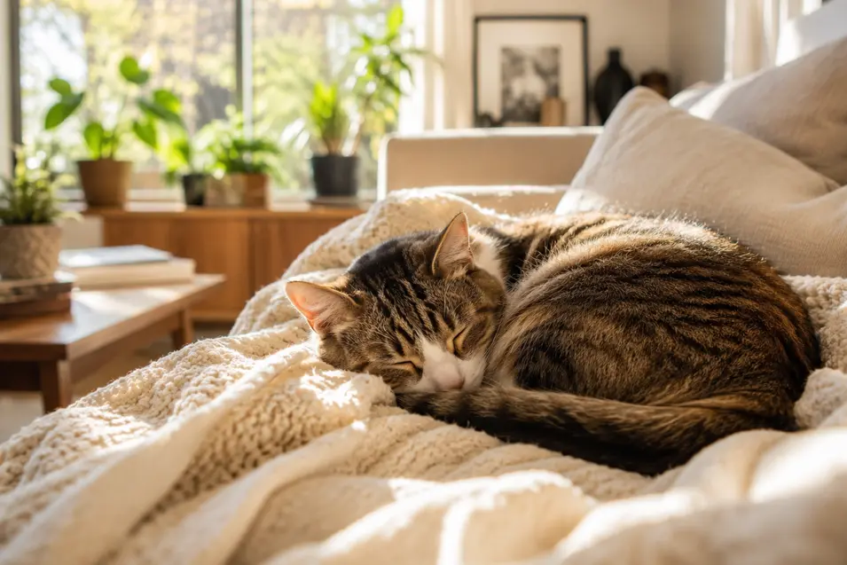 A cozy cat sleeps curled up on a soft blanket in a sunlit living room, surrounded by warm natural light, modern furnishings, and a peaceful atmosphere.