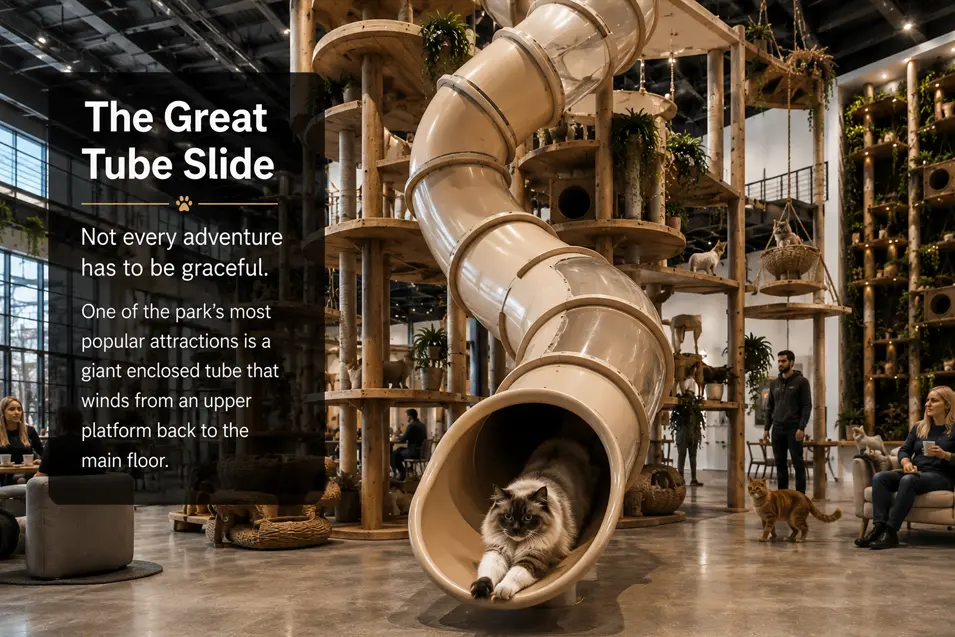 A giant tube slide winds through a luxury indoor cat adventure park, where playful cats climb, explore, and delight visitors relaxing with coffee.