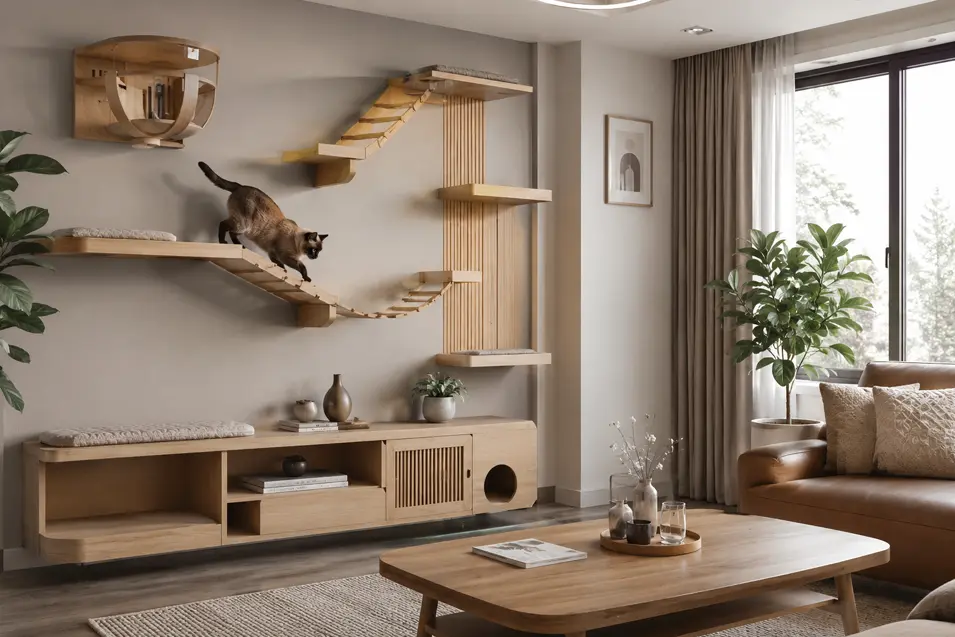 Modern living room with matching oak cat wall furniture, floating shelves, bridges and perches, styled in warm neutral tones with natural light.