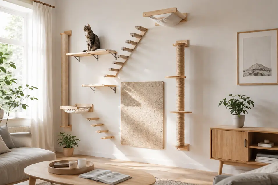 Scandinavian living room with matching cat wall furniture, natural wood shelves and scratch posts, sunlit window, and cat perched on a shelf.