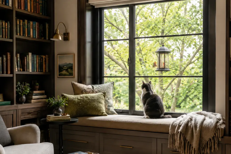 Cat perched on a cushioned window seat in a cozy home library, watching birds at a feeder outside, surrounded by bookshelves and warm natural light.