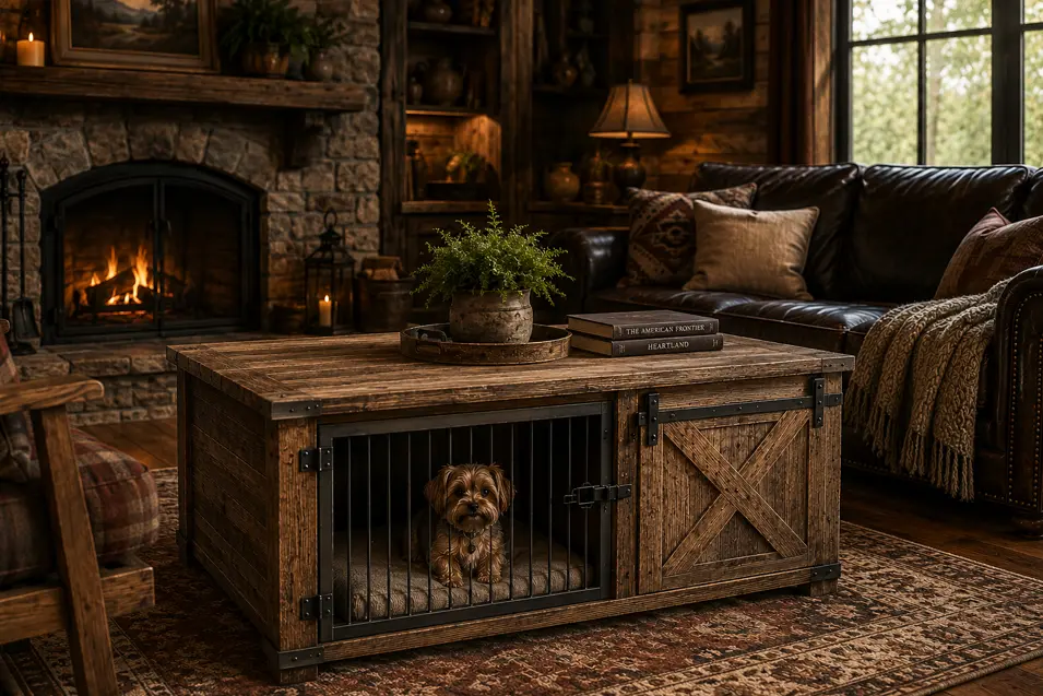 Rustic living room with a coffee table dog kennel, small dog inside, stone fireplace, leather sofa, and warm natural light.
