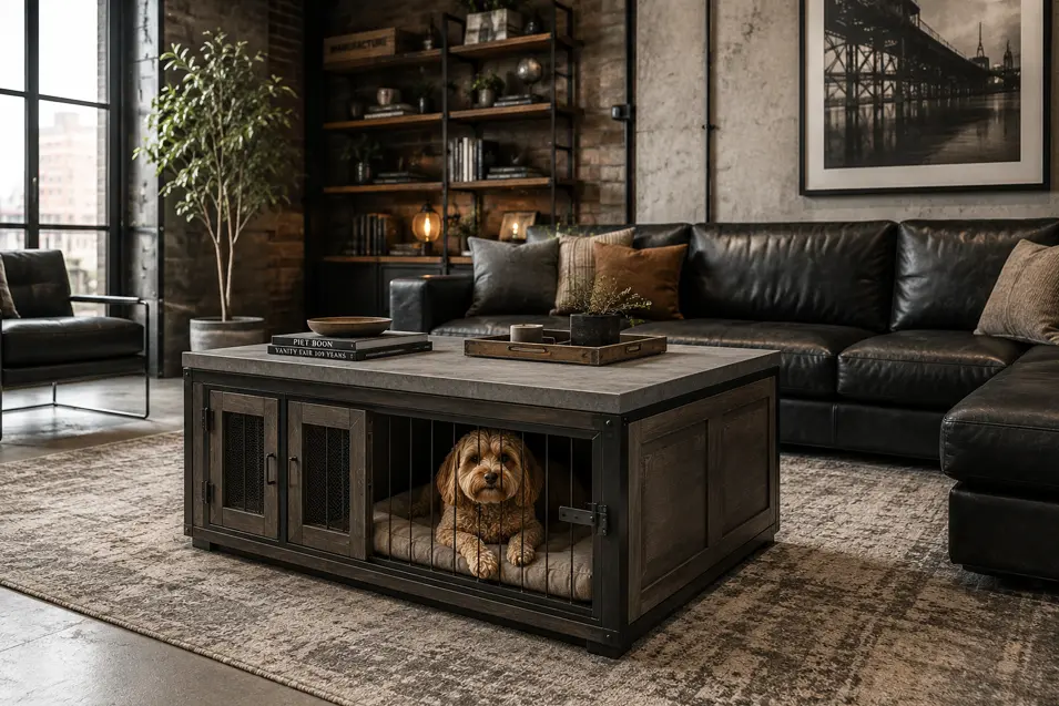 Modern industrial loft living room featuring a custom coffee table with a built-in dog kennel. The table combines dark wood, black metal accents, and a concrete-look top, with a small brown dog resting comfortably inside on a cushion. The room includes a large black leather sectional sofa, exposed brick and concrete walls, industrial shelving, oversized factory-style windows, and warm ambient lighting, creating an upscale urban aesthetic.