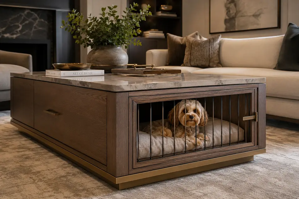 Modern wood coffee table with a stone-look top, built-in dog crate, brass accents, and hidden storage in a stylish living room.