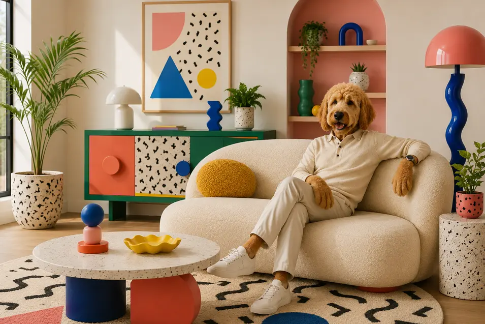 Minimalist Memphis-style living room with bold geometric decor, colorful furniture, and a stylish goldendoodle lounging on a curved cream sofa.