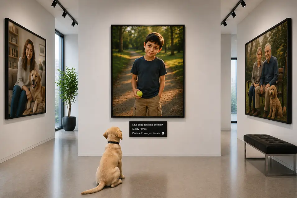 Labrador puppy studies a portrait of a shy boy holding a tennis ball, surrounded by large family portraits in a bright modern gallery.