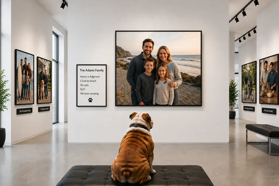 Bulldog studies family portraits in a bright modern gallery, seated before the Adams Family display while other potential forever homes line the walls.