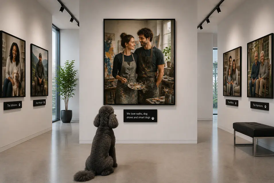 Poodle admires a portrait of an artistic couple in a bright modern gallery, surrounded by family portraits and plaques describing potential forever homes.