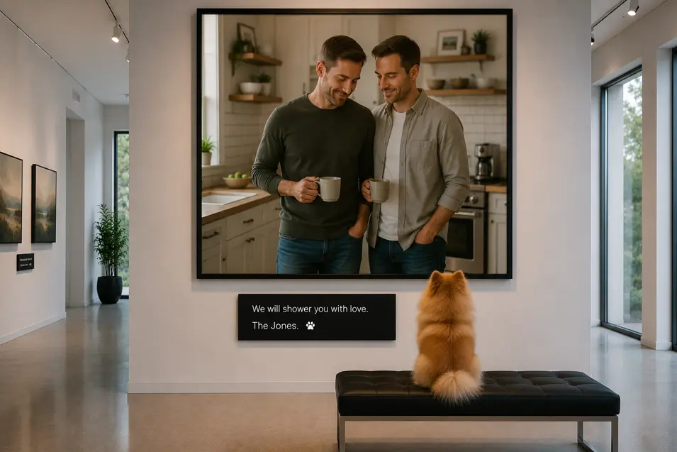 Pomeranian sits on a gallery bench admiring a portrait of a loving couple in their kitchen, with a plaque promising a forever home filled with love.